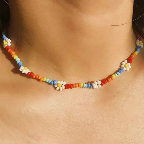 NEW! Dainty “Poppy” Beaded Rainbow Flower Necklace - Picture 2 of 11